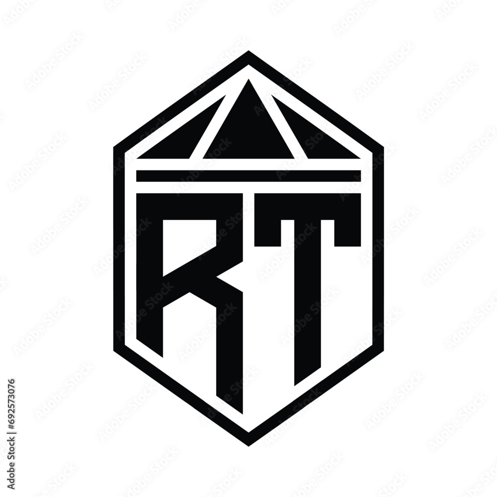 RT Letter Logo monogram simple hexagon shield shape with triangle crown isolated style design RT Letter Logo monogram simple hexagon shield shape with triangle crown isolated style design
