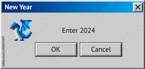 2024 New Year themed dialogue box with blue dragon. Abstract vaporwave, y2k aesthetics window with 90s style system message