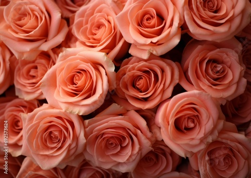 Close up bouquet of pink orange roses  flowers on peach fuzz color. 2024 year colors Peach Fuzz as background with copy space.