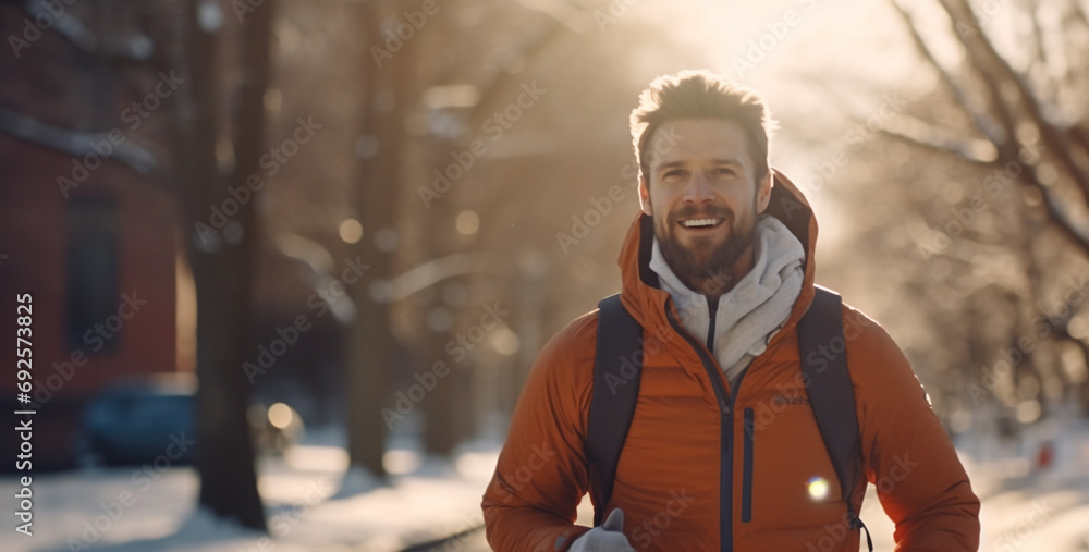 close up of a man jogging in the winter