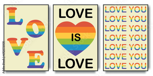 Lovely retro greeting cards in rainbow color. Social media post, stories, poster template with LGBT rainbow flag. Collection of Cards for pride month celebration. Gay parade