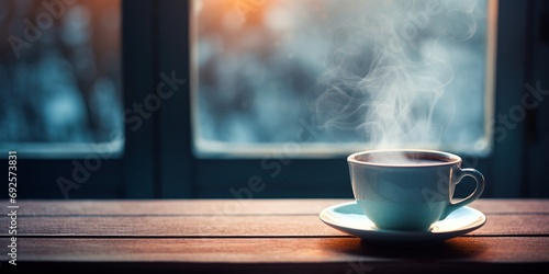 Steaming cup of tea left on a frosty window sill, contrasting the warmth inside and the cold outside , concept of Interior comfort