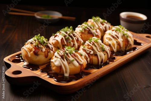 Takoyaki, a popular Traditional Japanese snack. octopus balls. street food Asia photo