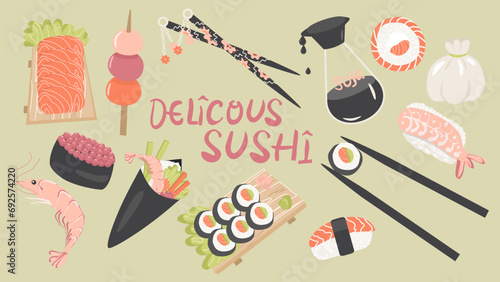 Vector set of Japanese cuisine sushi and rolls 14 illustrations. Soy sauce, salmon sashimi, shrimp, Philadelphia roll, flying fish caviar. Individual elements for an Asian food delivery restaurant photo