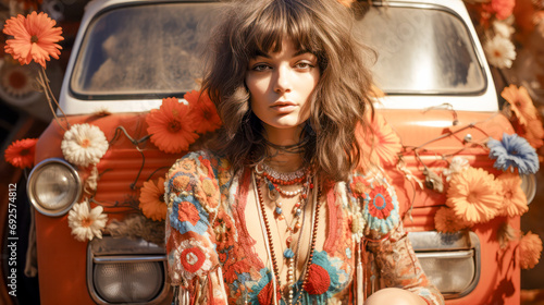 Portrait 1960s Vintage Retro Hippie Movement Flower Power Music 1960s Peace and Love Wallpaper Background Cover Digital Art Poster