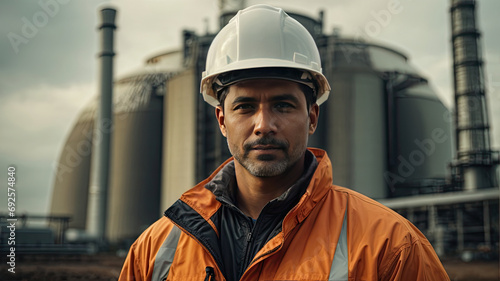 An engineer wearing PPE clothing in front of a nuclear power plant in complete safety - Industrial work scene