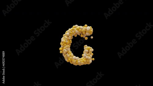 3D animation cartoon balls letter G, isolated beautiful funny yellow balloons, motion design, RGB Alpha, UHD 4K, Apple ProRes 4 4 4 4 12 bit, 25 fps