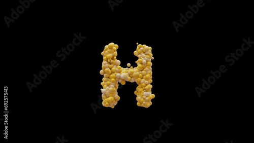 3D animation cartoon balls letter H, isolated beautiful funny yellow balloons, motion design, RGB Alpha, UHD 4K, Apple ProRes 4 4 4 4 12 bit, 25 fps