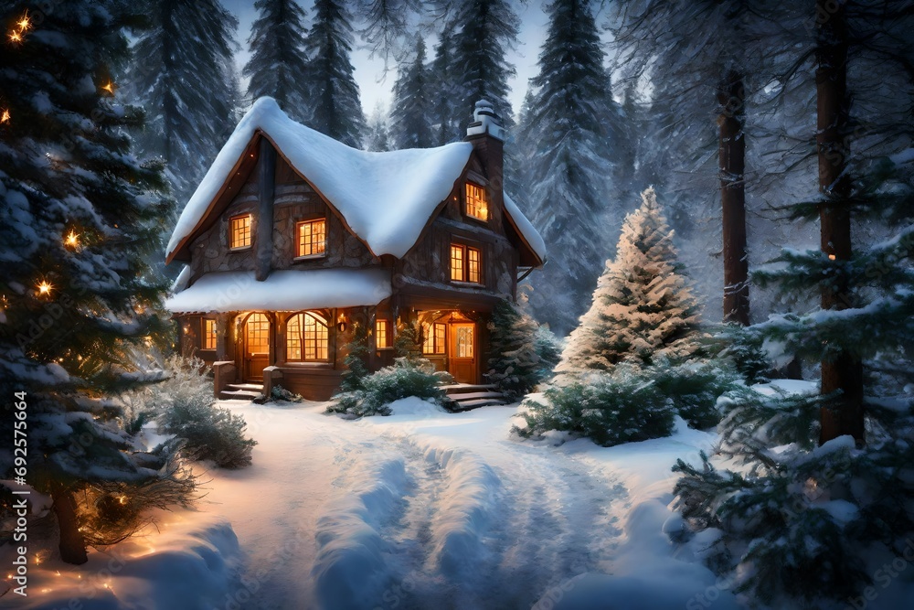 A cozy cabin in the woods, adorned with heart-shaped wreaths and fairy lights, offering a secluded retreat for lovebirds. A cozy cabin in the woods, adorned with heart-shaped wreaths and fairy lights, offering a secluded retreat for lovebirds.