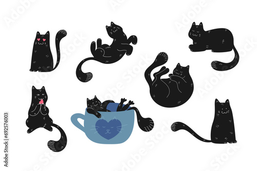 Hand drawn black cat set. Funny and cute cat is sleeping, relaxing in a tea cup, biting a heart, lying and sitting in different poses. Vector illustration