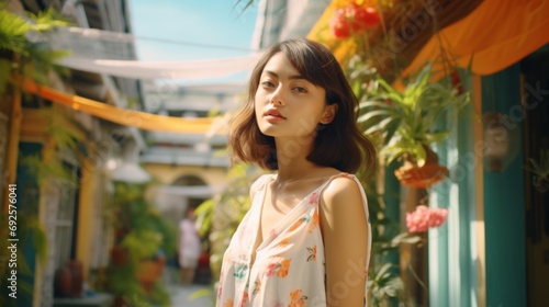 travel concept profile view woman Against the backdrop of picturesque old italian houses, a stylish young attractive woman poses with confidence and grace tropical colors dress stylsih cloth daylight photo