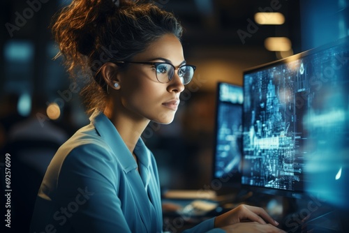 expert data coding coumputer ai data analysis cloud computing management control woman using server computer hud ui gui interface hologram futuristic engineeer working in workshop studio office photo