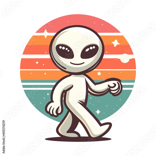 Cartoon retro groovy 70s alien mascot character in trendy vintage style. Cute smiling alien, UFO, hippie, grunge poster. Flat vector illustration, EPS 10.