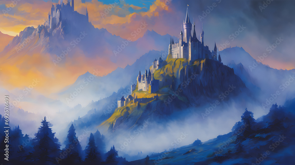 Fantasy Kingdom Charm: A 2D Illustration Showcasing a Castle Against a Beautiful Sky, Unveiling a Fairytale World