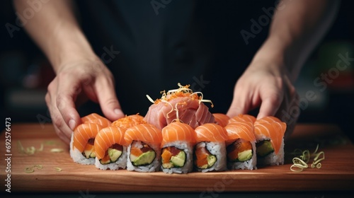 hands of a sushi chef forming sushi rolls generative ai photo