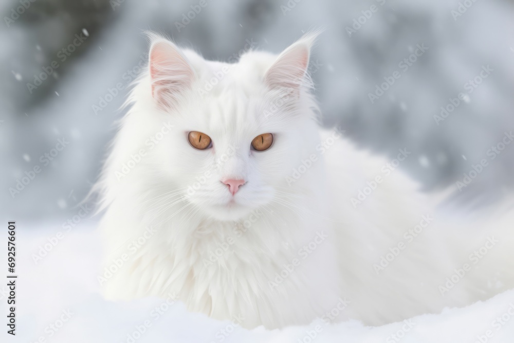 Angora cat in snowfall. Fluffy white purebred feline in frosty wintertime. Generate ai
