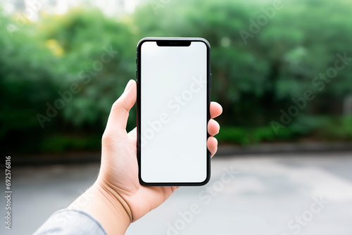 A hand holding a smartphone with a blank screen