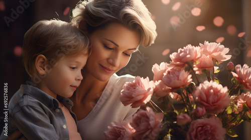 Madre e hijo en amor fraternal dia de la madre luz suave y flores rosadas photo