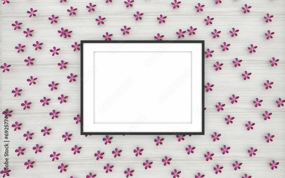 Frame Mockup With Pink Flowers and Soft Wooden Texture Background Frame Mockup With Pink Flowers and Soft Wooden Texture Background