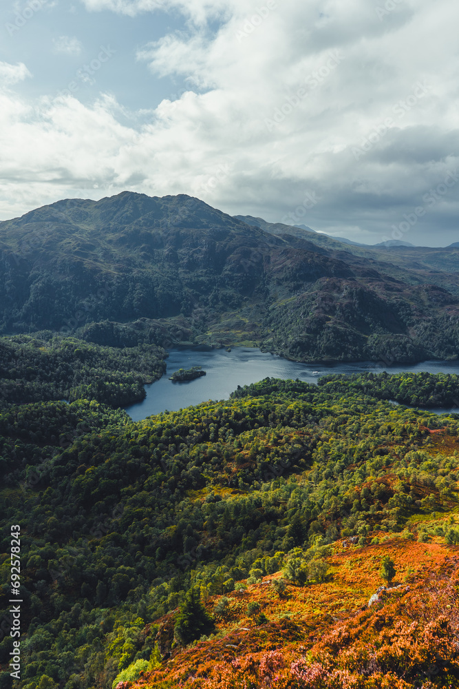 Scenic landscape of mountainous terrain of Great Trossachs Forest, Scotland