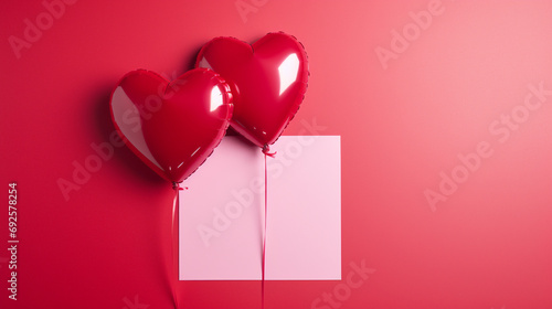 Close-up snapshot capturing the delightful details of a Valentine's Day blank greeting card, with foil balloons shaping a heart on a red background, adding a touch of romance to the scene.