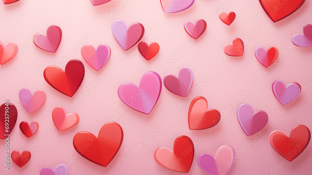 Detailed shot capturing the delightful details of an abstract background with red and pink hearts, set against a charming pink background for a visually pleasing effect.