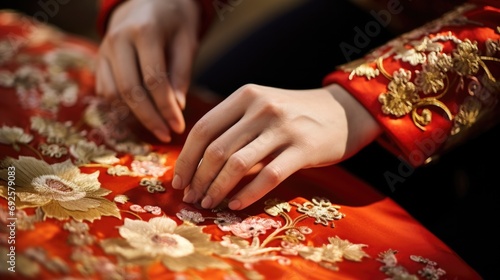 hands adjusting the ornamental details of a traditional Chinese Qipao generative ai
