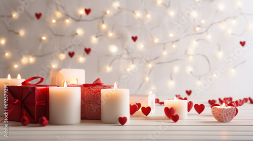 Detailed shot highlighting the delightful arrangement of red hearts, festive gifts, and candles on a wooden white background, creating a warm and inviting scene.