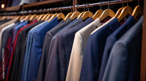 Suits for Sale, Men's suits on hangers in a store.