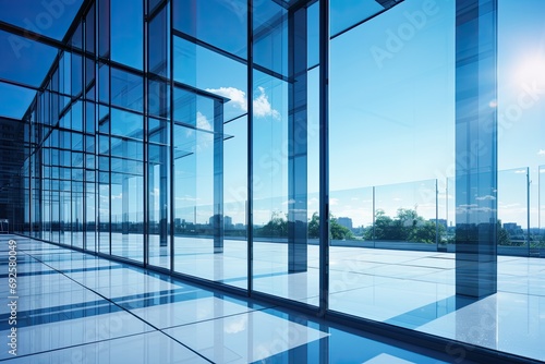Architectural details of a modern office building  glass facade reflecting the sky  corporate elegance
