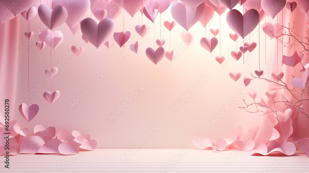 Graceful heart-shaped paper elements floating in a serene pink atmosphere, symbolizing love and tenderness in a charming and artistic way.