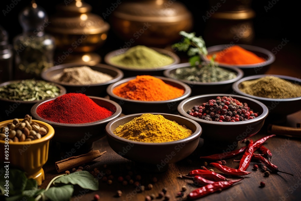 Artfully arranged assortment of colorful spices in small ceramic bowls, culinary ingredients