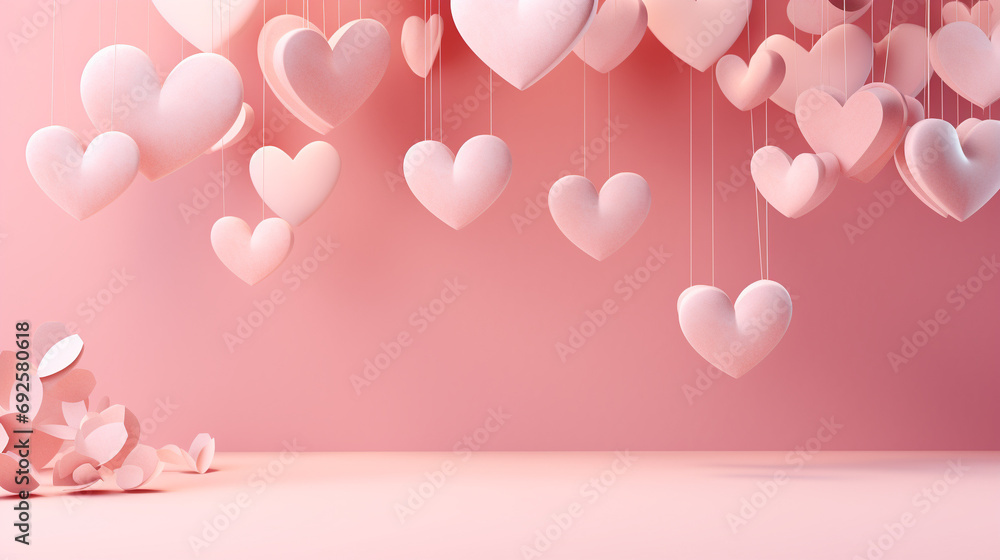 Heart-shaped paper elements floating in the air against a soft pink background, creating a whimsical and romantic scene.