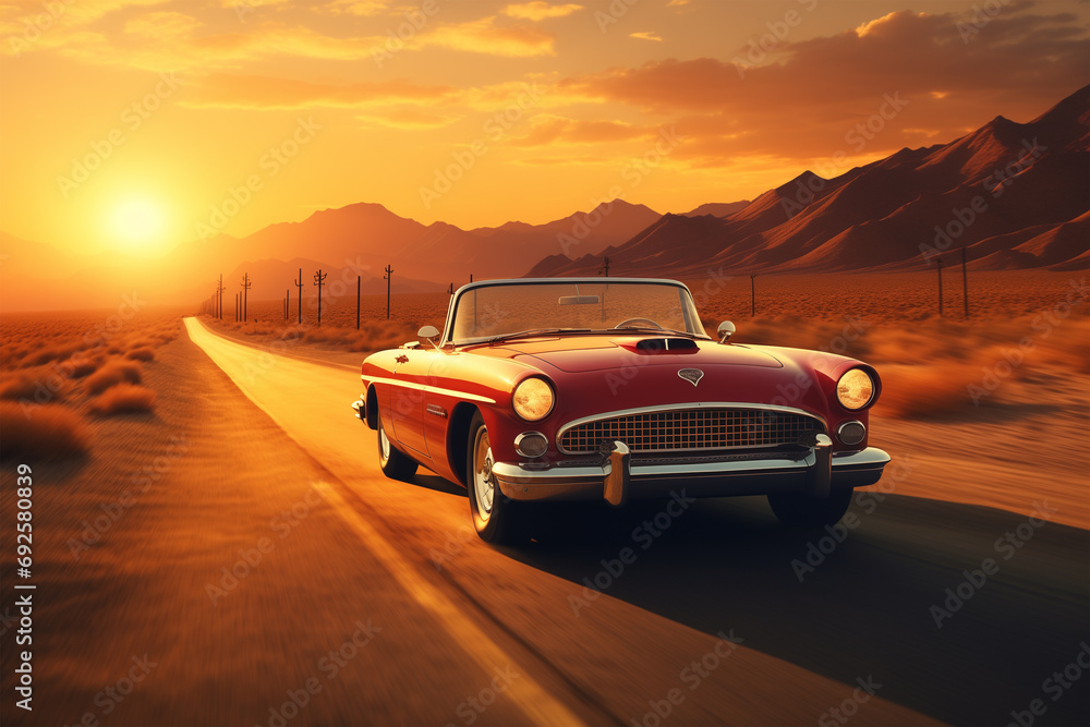Retro red car driving on asphalt road at sunset