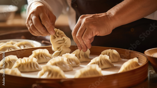 hands expertly folding dumplings in a traditional Chinese kitchen generative ai photo