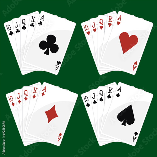 Poker straight flush. Clubs, hearts, diamonds and spades playing card. Vector illustration. Icons set.