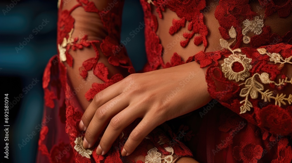 hands showcasing the delicate lacework on a Spanish Flamenco dress generative ai