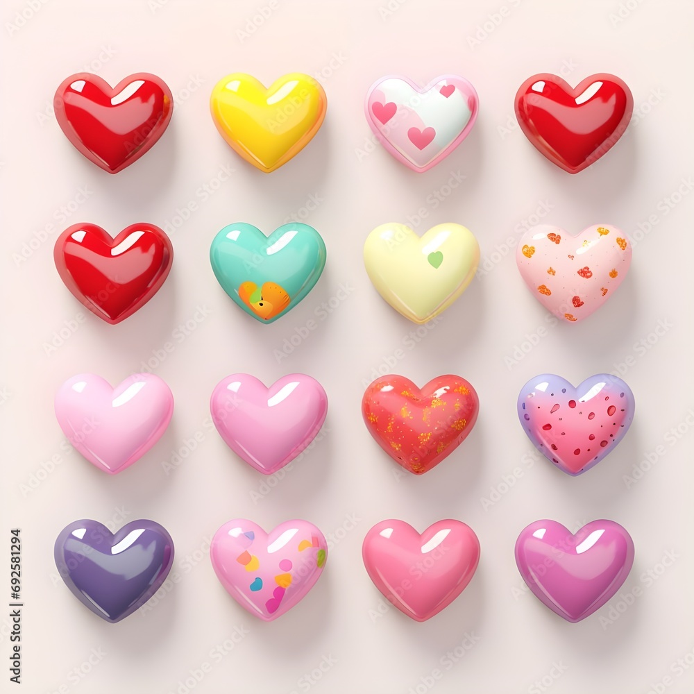 Sets of 3D colorful heart shape tied with ribbon isolated on pastel background. Suitable for Valentine's Day and Mother's Day decoration.
