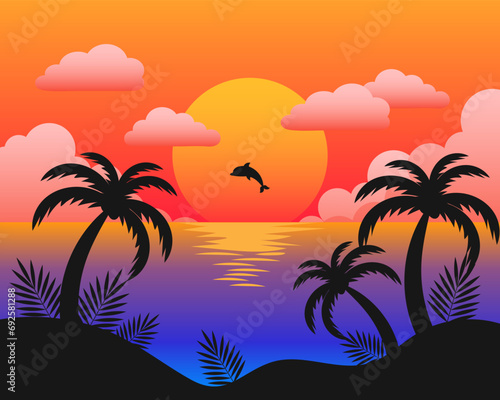 Fototapeta Naklejka Na Ścianę i Meble -  Beautiful seascape with dolphin and palm trees at sunset. Illustration, vector