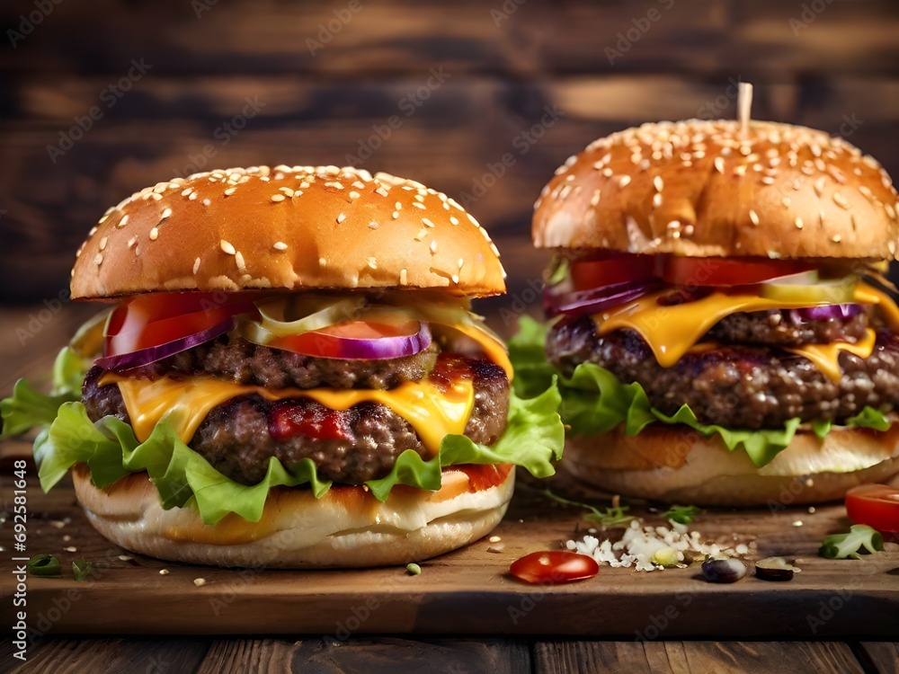 Close-up of home made burgers on wooden table. Tasty burger with french fries and fire. Close-up of home made burgers on wooden table. Tasty burger with french fries and fire.