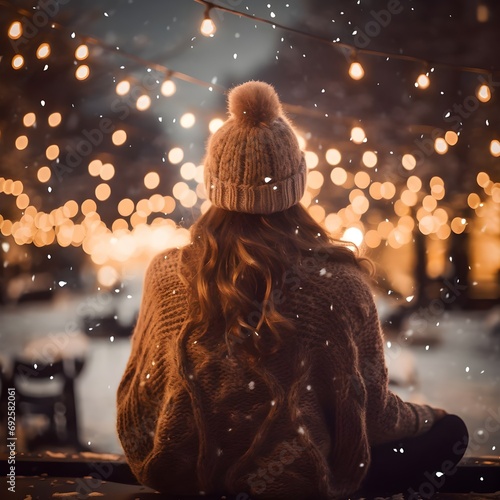 Woman in sweater standing outdoors in winter. A profile view of a young woman with brown hair wearing a bobble hat and coat