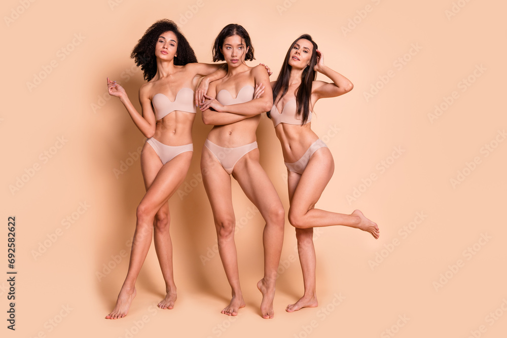 Full length photo of pretty adorable women wear lingerie no retouch skin arms folded empty space isolated pastel beige color background