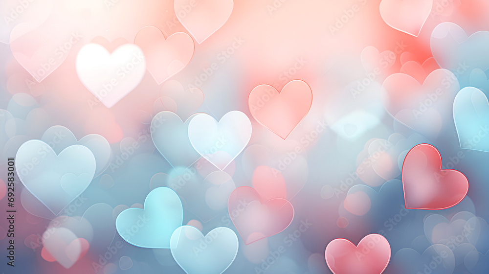 Valentine's Day background with a lot of hearts in red and blue pastel colors.