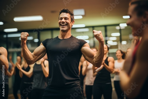 Photo of a fitness trainer leading a high-intensity workout class. Generative AI photo