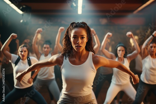 Photo of a fitness trainer leading a high-intensity workout class. Generative AI