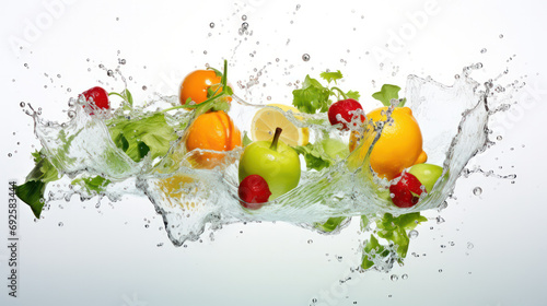 Fragments of Fruits and Vegetables Dive into Water  Creating Vivid and Refreshing Splashes.