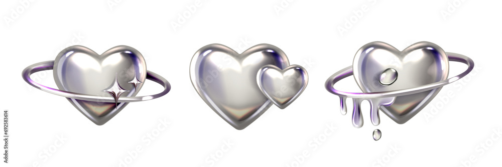3D chrome heart y2k shape set, vector silver liquid love icon futuristic metal glossy steel sticker. Future galaxy retro aesthetic trendy objects cyber metallic reflection cosmic collection. 3D chrome - obrazy, fototapety, plakaty 