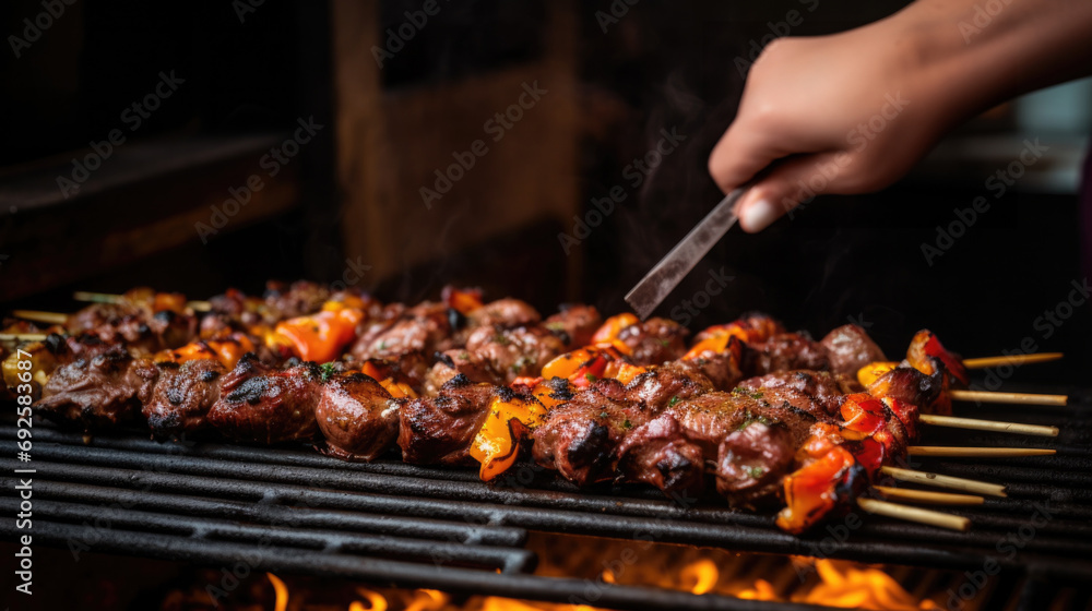 Naklejka premium chef expertly grilling skewers for a Middle Eastern kebab dish generative ai