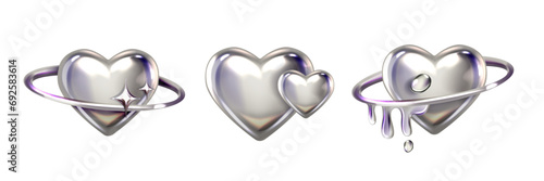 3D chrome heart y2k shape set, vector silver liquid love icon futuristic metal glossy steel sticker. Future galaxy retro aesthetic trendy objects cyber metallic reflection cosmic collection. 3D chrome