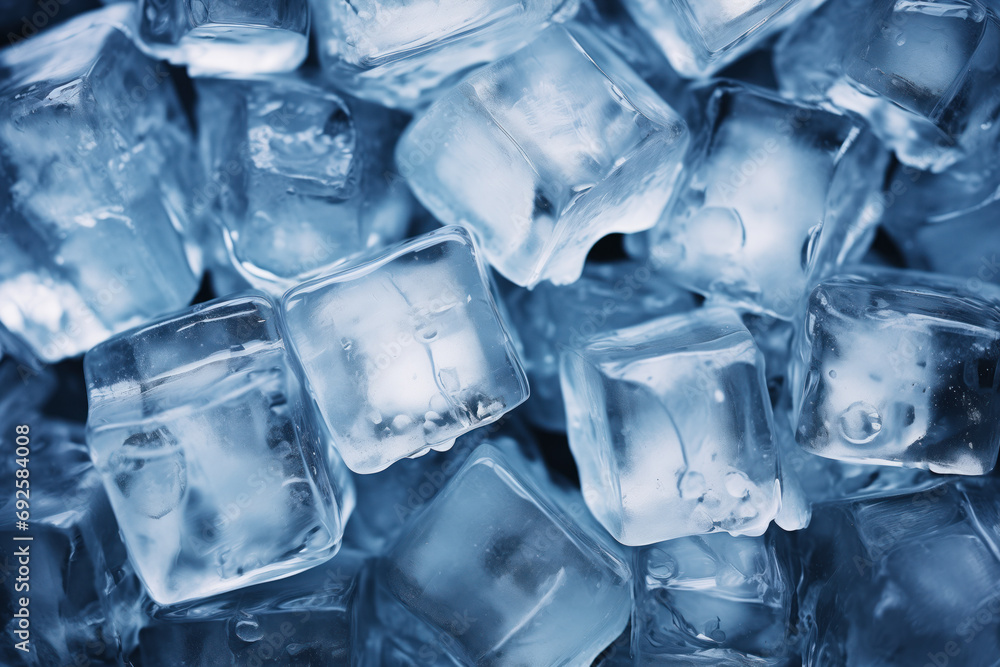 A pile of cool blue ice cubes over a black background